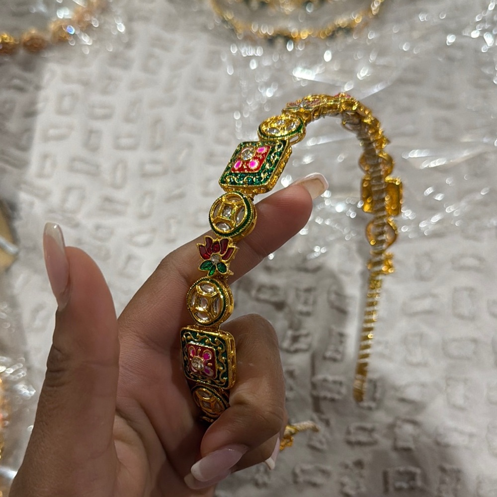 Gold-Tone Floral Kundan Headband with Pink and Green Accents